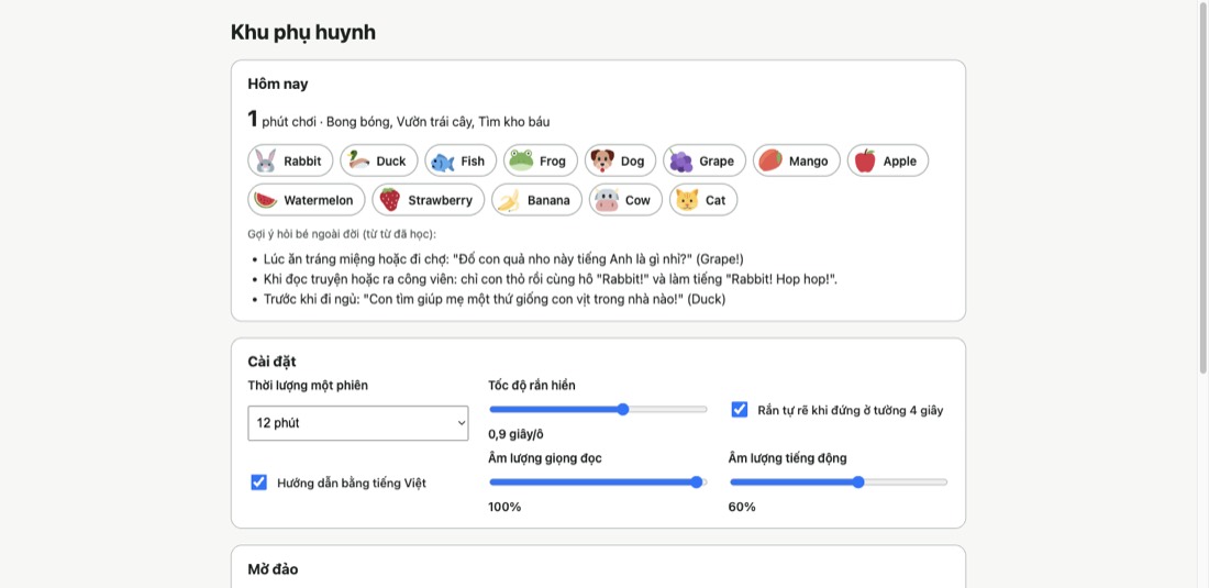 Khu phụ huynh: thống kê, cài đặt, mở đảo